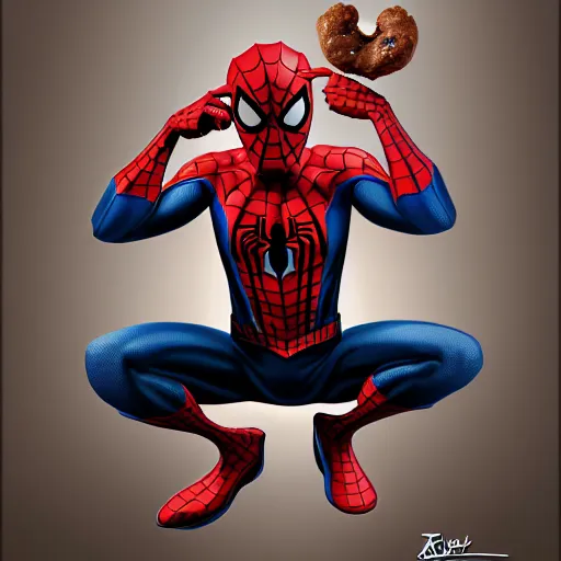 Image similar to spider - man sit on the raccoon and eating donuts, concept art, trending on artstation, highly detailed, intricate, sharp focus, digital art, 8 k