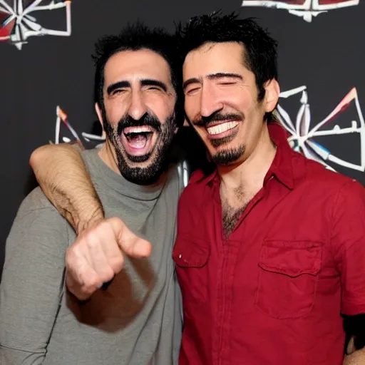 Image similar to serj tankian and markiplier, laughing together