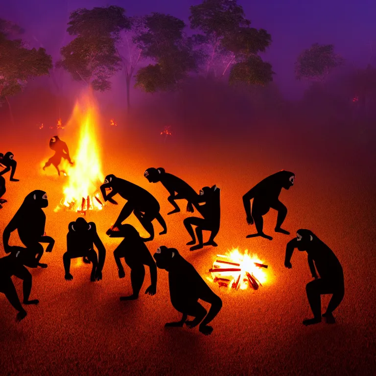 Image similar to real life 1 2 chimpanzees dancing in circle, bonfire in center, a jungle, cinematic, volumetric lighting, vivid colours, long evil shadows, f 8 aperture, cinematic eastman 5 3 8 4 film, photorealistic