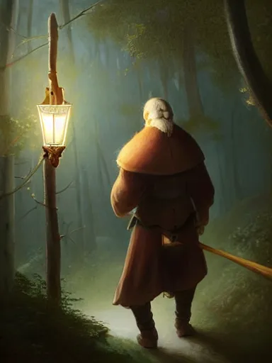 Prompt: an old master heremit, full white beard, walking with a lantern and a staff tought the woods. intricate, elegant, highly detailed, digital painting, artstation, concept art, sharp focus, illustration, by justin gerard and artgerm, 8 k