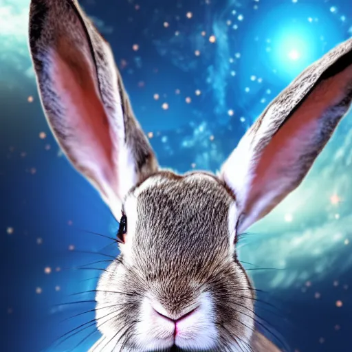 Prompt: rabbit's face only, frontal view, higher realistic, nebula space background