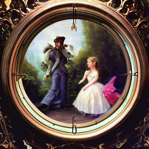 Image similar to Alice in Wonderland,Clock,Rose twining,out of time and space,dreamy, eternity, romantic,highly detailed,in the style of Franz Xaver Winterhalter, night lighting