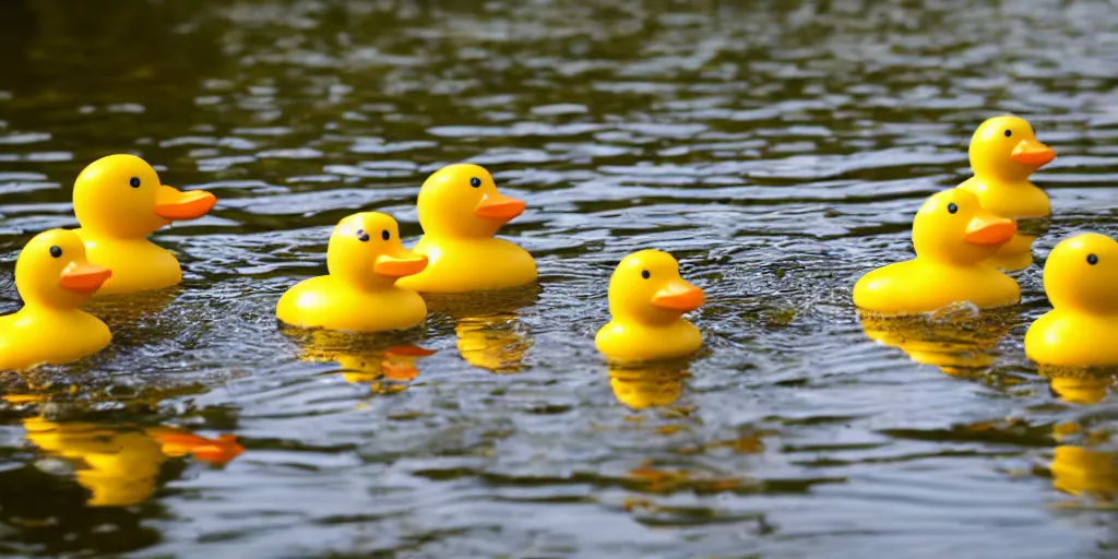 Prompt: ! rubber ducks! swimming in a pond, ripples, 5 0 mm lens, ( good lighting ), ( flowers ), reflections, bokeh, ( red beak )