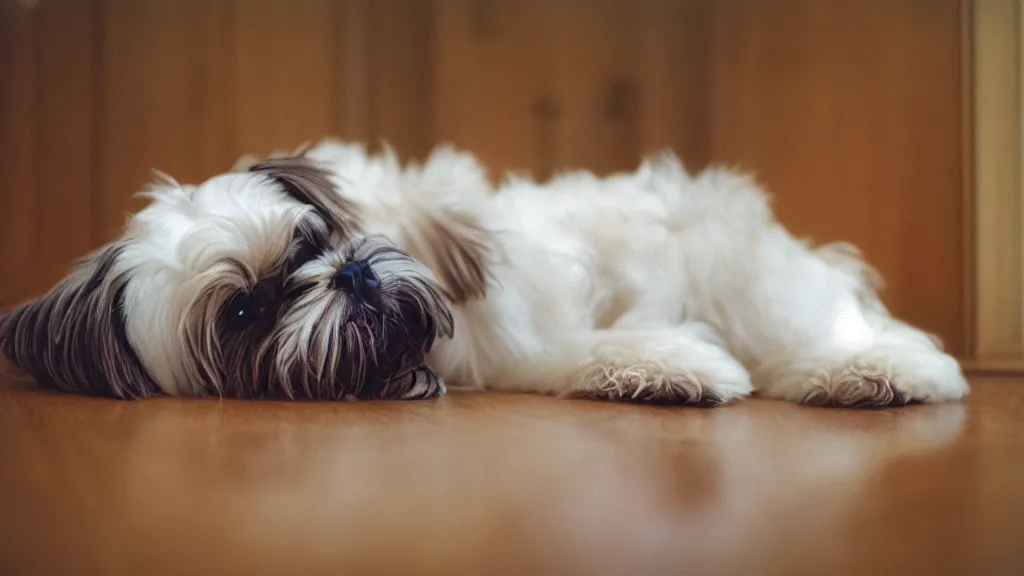 Prompt: white shih tzu dog laying on a hardwood floor, Cinestill 800t film photo