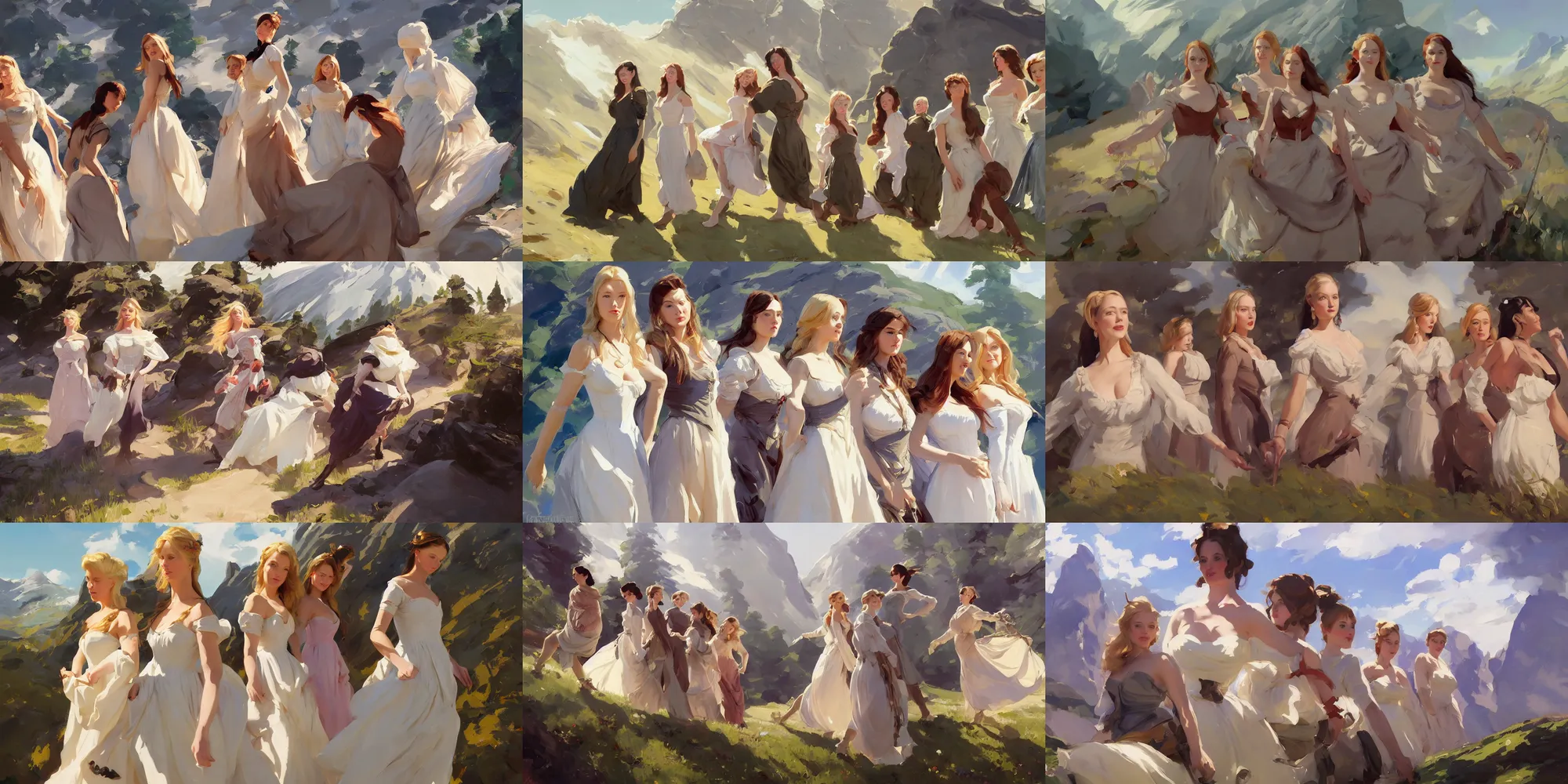 Image similar to five of beautiful finnish norwegian swedish scandinavian attractive glamour models wearing 1 7 th century bodice with low neckline walking in the mountains in a sunny day, jodhpurs greg manchess painting by sargent and leyendecker, studio ghibli fantasy close - up shot asymmetrical intricate elegant matte painting illustration hearthstone, by greg rutkowski by greg tocchini by james gilleard