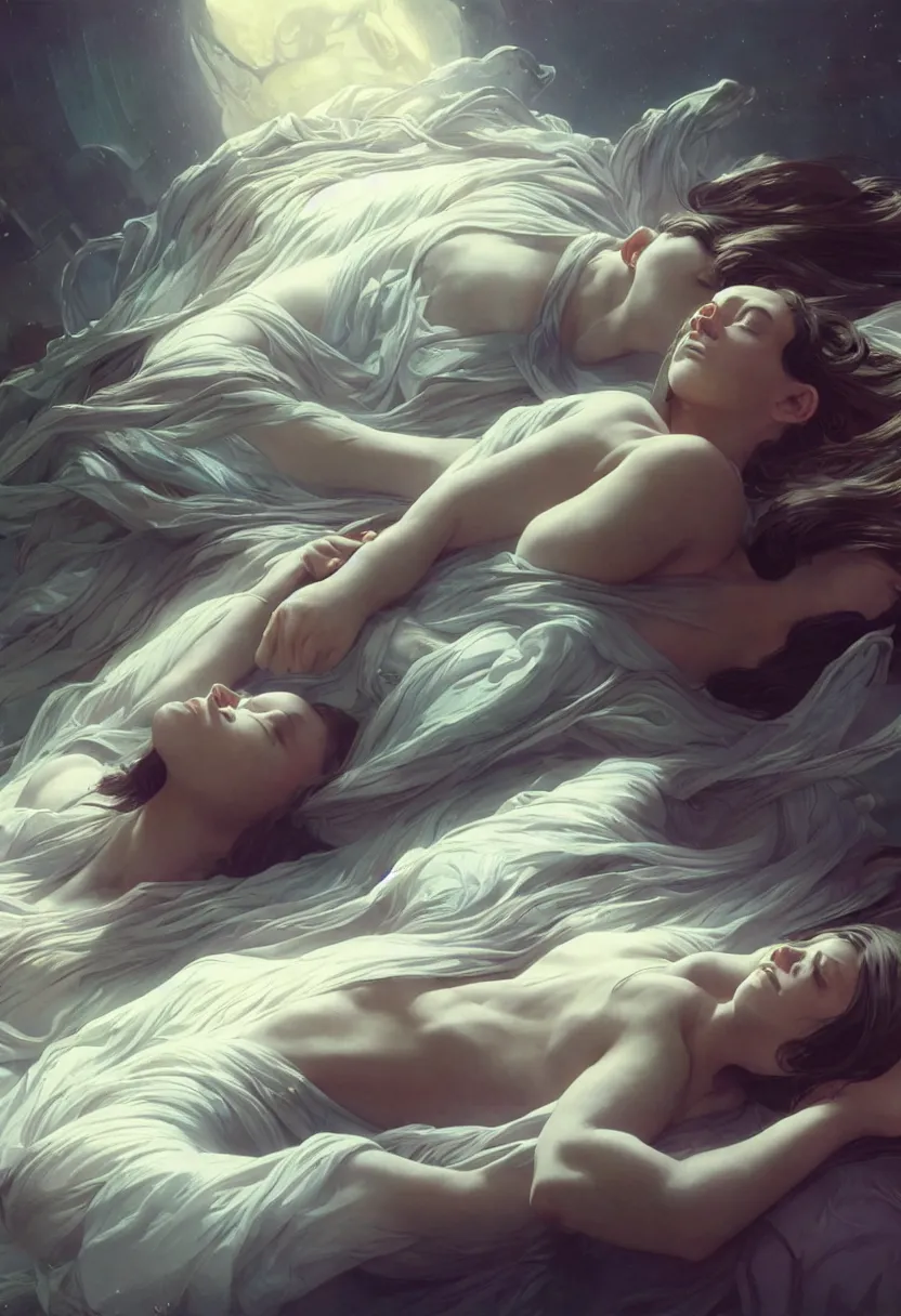 Image similar to futuristic ai machine god sleeping. extremely high fidelity, 8 k, super resolution, cinematic view, super resolution, epic, hyperdetailed, digital painting, artstation, concept art, smooth, sharp focus, octane render, dramatic lighting, art by artgerm and greg rutkowski and alphonse mucha and wlop