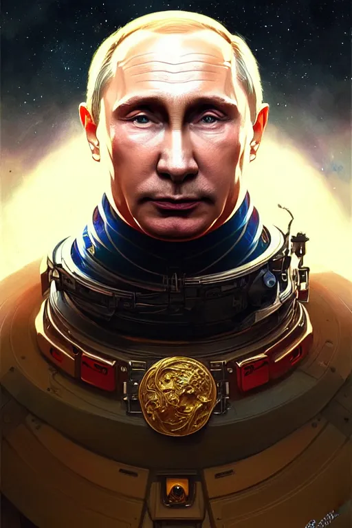 Prompt: Portrait of Putin in space, D&D, face, dark fantasy, intricate, elegant, highly detailed, digital painting, artstation, concept art, smooth, sharp focus, illustration, art by artgerm and greg rutkowski and alphonse mucha