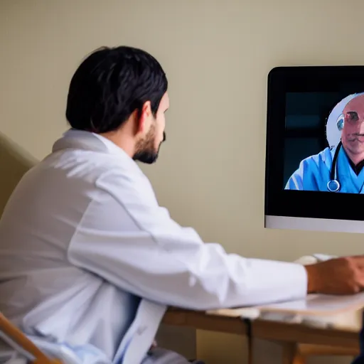 Image similar to A doctor consulting a patient using video conferencing, Canon EOS R3, f/1.4, ISO 200, 1/160s, 8K, RAW, unedited, symmetrical balance, in-frame