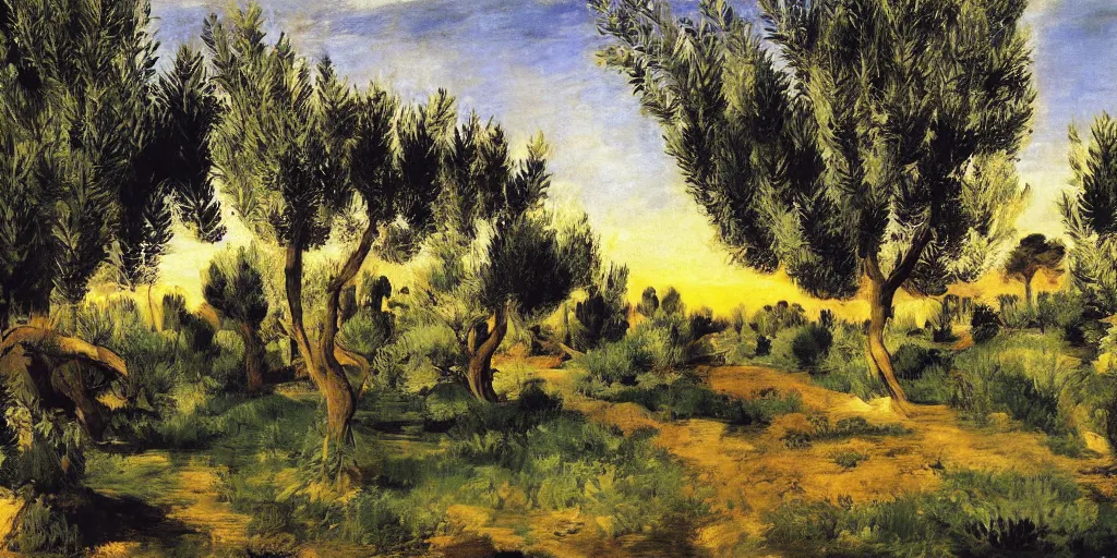 Image similar to flourishing blooming garden full of olive trees in italy, painting by manet, matte painting, canvas, 4 k, 8 k, high detail, golden hour, sunset, epic light, shadows, contrast,