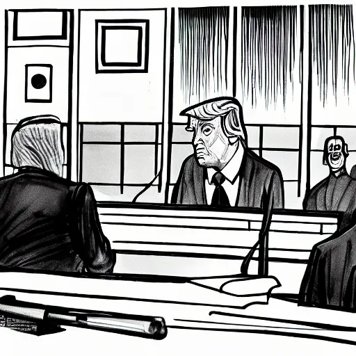 Prompt: black and white, ink drawing, line work, trump giving his deposition at his trial,