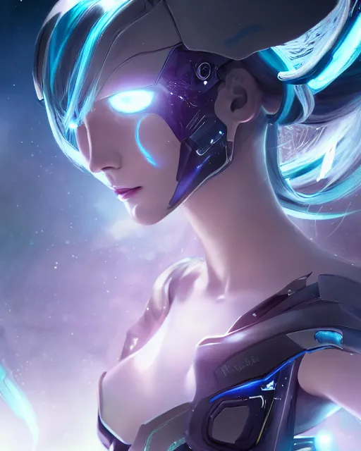 Image similar to perfect android girl on a mothership, warframe armor, beautiful face, scifi, futuristic, galaxy, nebula, raytracing, dreamy, long white hair, blue cyborg eyes, sharp focus, cinematic lighting, highly detailed, artstation, divine, by gauthier leblanc, kazuya takahashi, huifeng huang