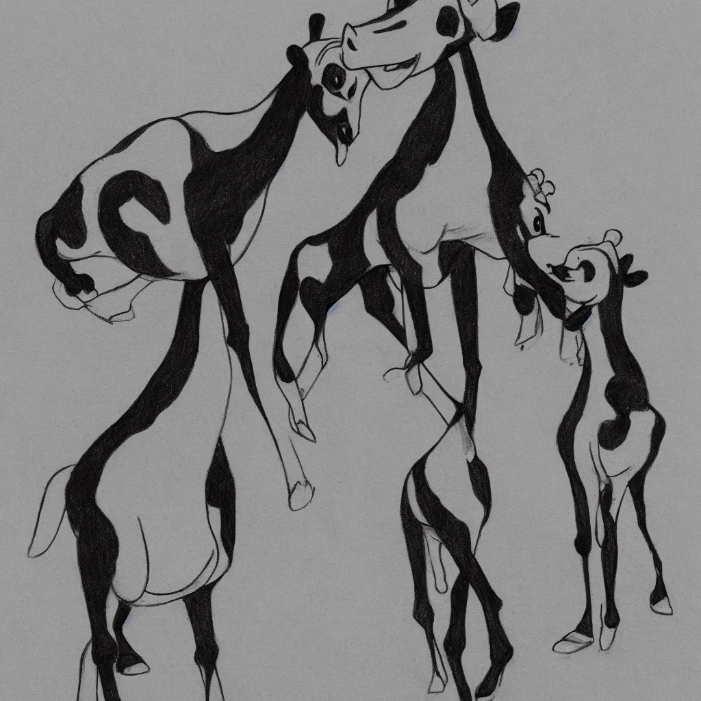 Prompt: drawing from 1 9 2 0's disney animation, white paper, black & white, panda giraffe