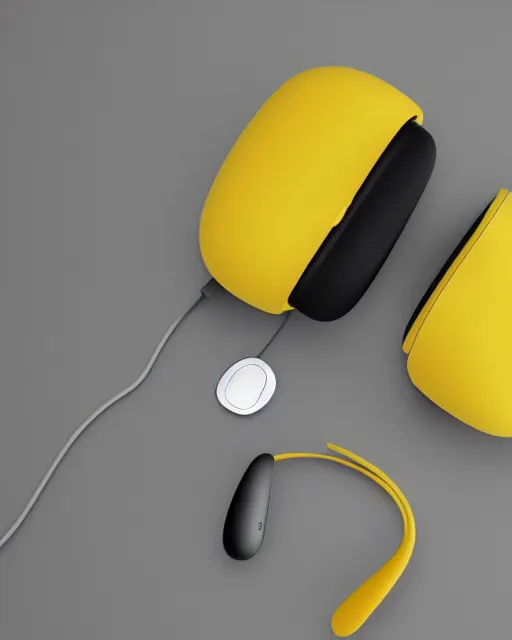 Image similar to a photo of a stylish yellow consumer device designed by dieter rams and jony ive for bang & olufsen, rim lit, shallow depth of field
