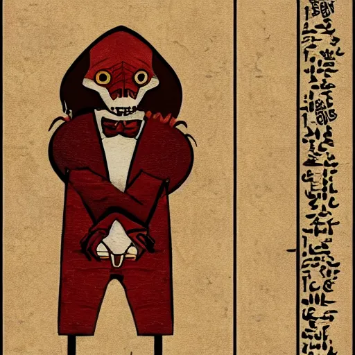 Image similar to charismatic goblin with little smile in suit, art on papyrus, symmetrical