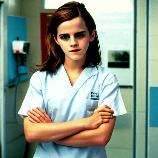 Prompt: emma watson, nurse scrubs, hospital, portrait, mid view head and shoulders, award winning, kodak ektachrome expired blue tint,