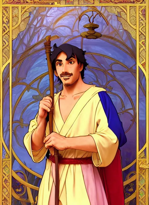 Prompt: tanned medieval diplomat wearing colourful silk robes holding lute, natural lighting, path traced, highly detailed, high quality, digital painting, by don bluth and ross tran and studio ghibli and alphonse mucha, artgerm