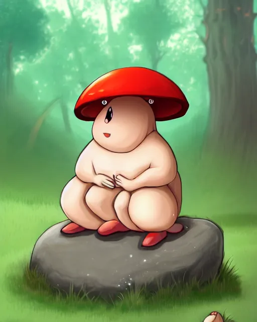 Image similar to digital illustration of a cute mushroom creature, thicc, sitting on a rock in a forest, | | epic - fine - clean, polished, trending on artstation, anime style, brush strokes