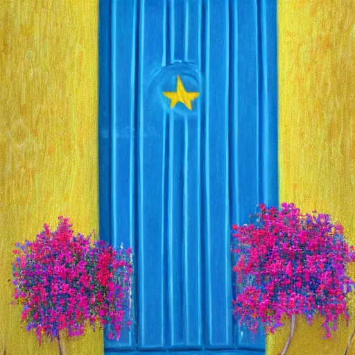 Image similar to painting of a european blue door surrunded by bougainvillea award winning fuzzy