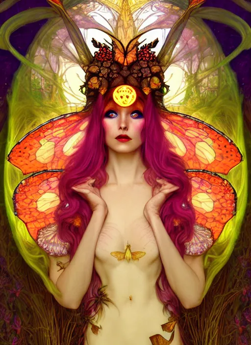 Image similar to stunningly beautiful female faerie priestess in amanita muscaria forest landscape, symmetrical wings on back, neon hair, fantasy art, wearing a dress of gossamer gold, inner glow, dark light night, sharp focus, digital painting, 4 k, concept art, by alphonse mucha, brom, face by otto schmidt,