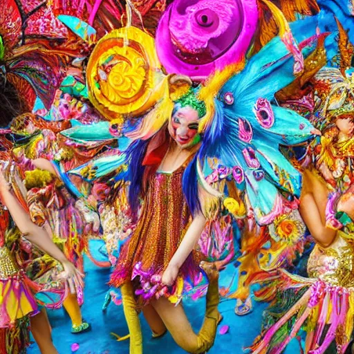 Image similar to an intricately decorated, colorful, chaotic, beautiful carnival hosted by fairies, realistic fantasy illustration