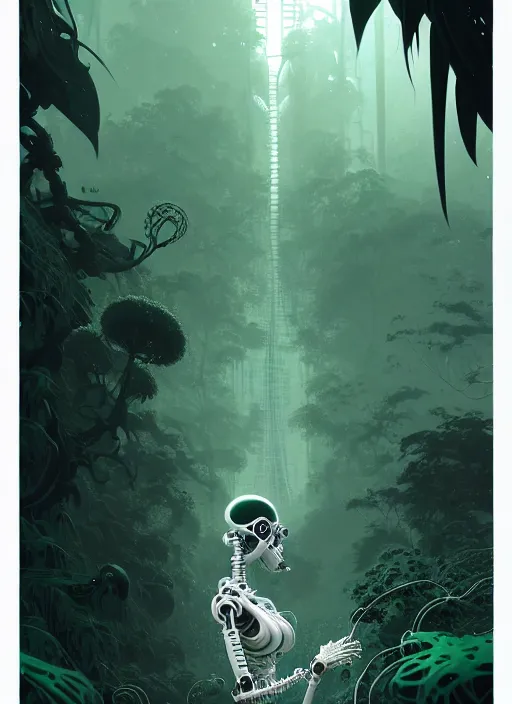 Image similar to highly detailed portrait of a biomechanical long curly white hair tribal lady, stray wiring by atey ghailan, james gilleard, by joe fenton, by greg rutkowski, by greg tocchini, by kaethe butcher, 4 k resolution, gradient green, black and white color scheme!!! ( ( forested robotic dense jungle background ) )