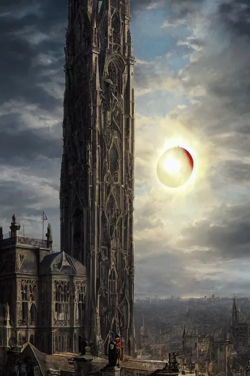 Prompt: A dramatic solar eclipse over a medieval construction site for the tallest tower in the world. masterpiece 4k digital design by John Avon and Greg rutkowski, award winning, Artstation, Takato Yamamoto aesthetic, Neo-Gothic, gothic, forest on background, intricate details, realistic, hyperdetailed, 8k resolution