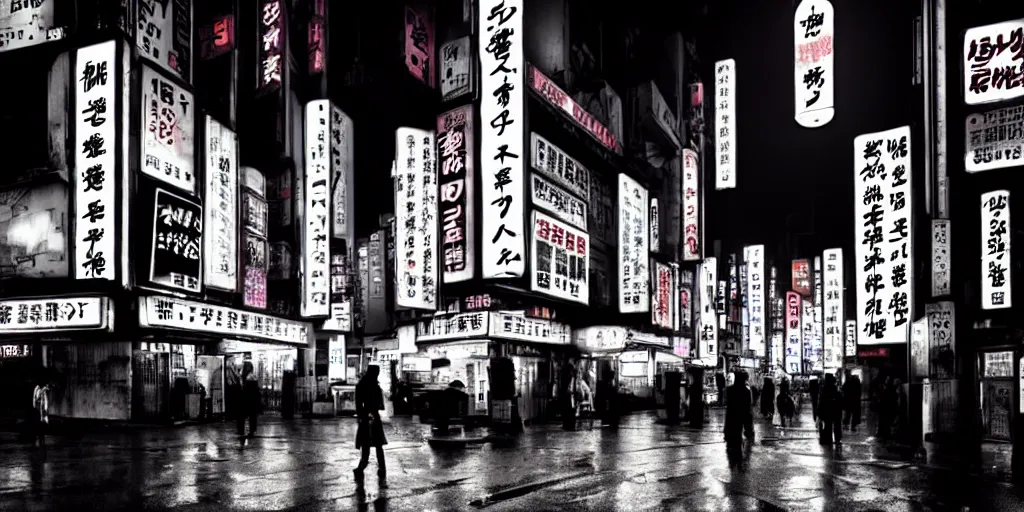 Prompt: Noir Cyberpunk Tokyo with neon signs in Japanese, raining, dark, gloomy atmosphere in style of 60-s Movies. Symbolism, Detailed Art, 8K, Epic, Dynamic Light.