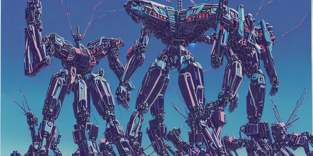 Image similar to risograph rendition of extremely - detailed black gigantic evangelion - like dragonfly mecha with a lot of blue children heads on it, ominous, intricate complexity, dramatic, epic composition, atmospheric, painting by moebius