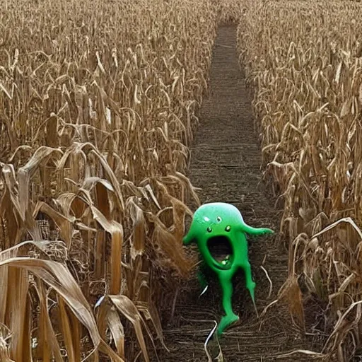 Prompt: monster caught on camera in a very corn maze