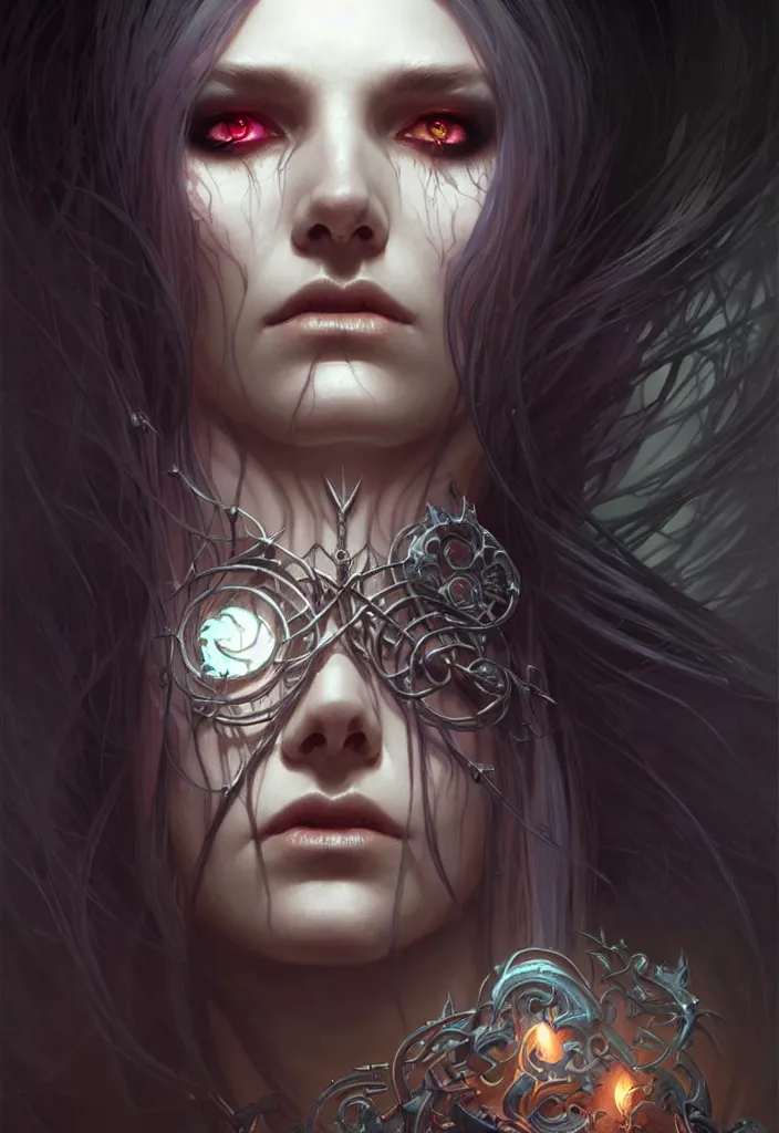 Image similar to Necromancer Sorceress face in center, fantasy magic, undercut hairstyle, dark light night, intricate, elegant, sharp focus, illustration, highly detailed, digital painting, concept art, matte, art by WLOP and Artgerm and Greg Rutkowski and Alphonse Mucha, masterpiece