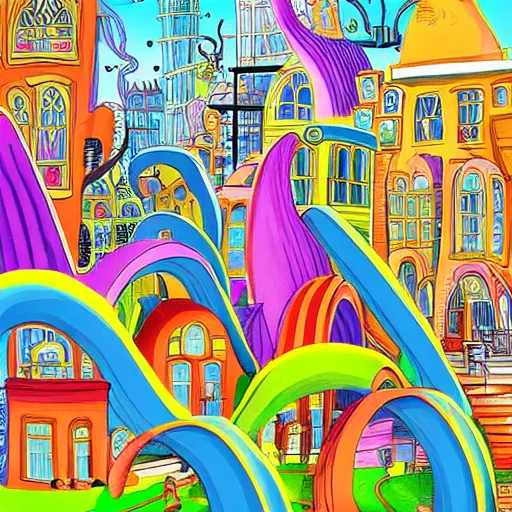 Image similar to fanciful city filled with curvy buildings, by dr seuss, oh the places you'll go, arches, platforms, towers, bridges, stairs, colorful kids book illustration