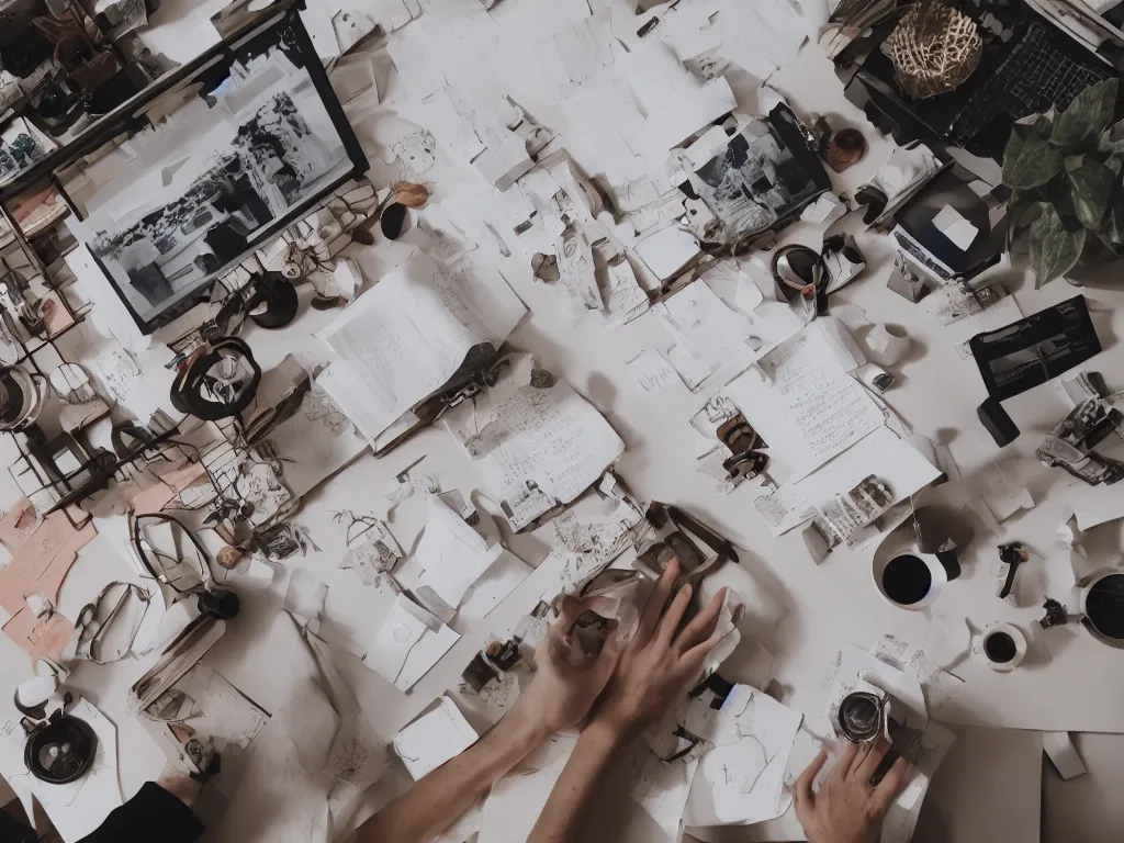 Image similar to pov candid photo of my hands at my desk, rows upon rows of perfectly organized knolled objects during sunrise in a cozy open - air design studio by james turrell, scale model floating in midair in front of me, brilliant daylight vr os ux, leica 8 k still from an a 2 4 film