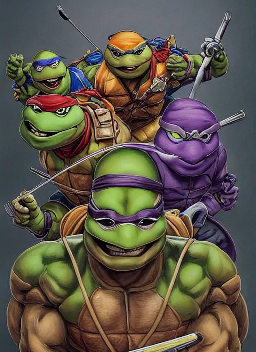 Prompt: portrait of Teenage Mutant Ninja Turtle in Society (1989), highly detailed, centered, solid color background, digital painting, artstation, concept art, smooth, sharp focus, illustration, artgerm, donato giancola, Joseph Christian Leyendecker, Les Edwards, Ed Repka, WLOP, Artgerm