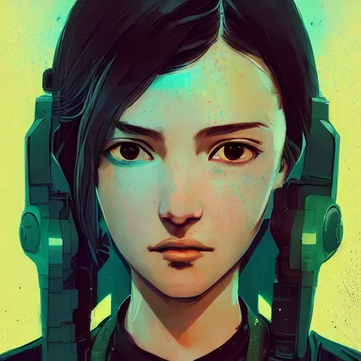 Prompt: Highly detailed portrait of a cyberpunk young lady with, freckles and wavy hair by Atey Ghailan, by Loish, by Bryan Lee O'Malley, by Cliff Chiang, by Greg Rutkowski, inspired by image comics, inspired by graphic novel cover art, inspired by nier!! Gradient rainbow color scheme ((grafitti tag brick wall background)), trending on artstation