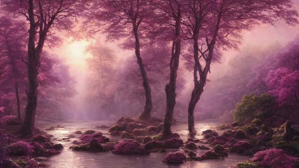 Prompt: the most beautiful panoramic landscape, oil painting, where a giant dreamy waterfall creates a river, the trees around are starting to bloom in pink and purple colors, a majestic deer is in close - up and it is under a giant tree while it is exhaling steam, the ray lights of the sunrise are brightening him, by greg rutkowski