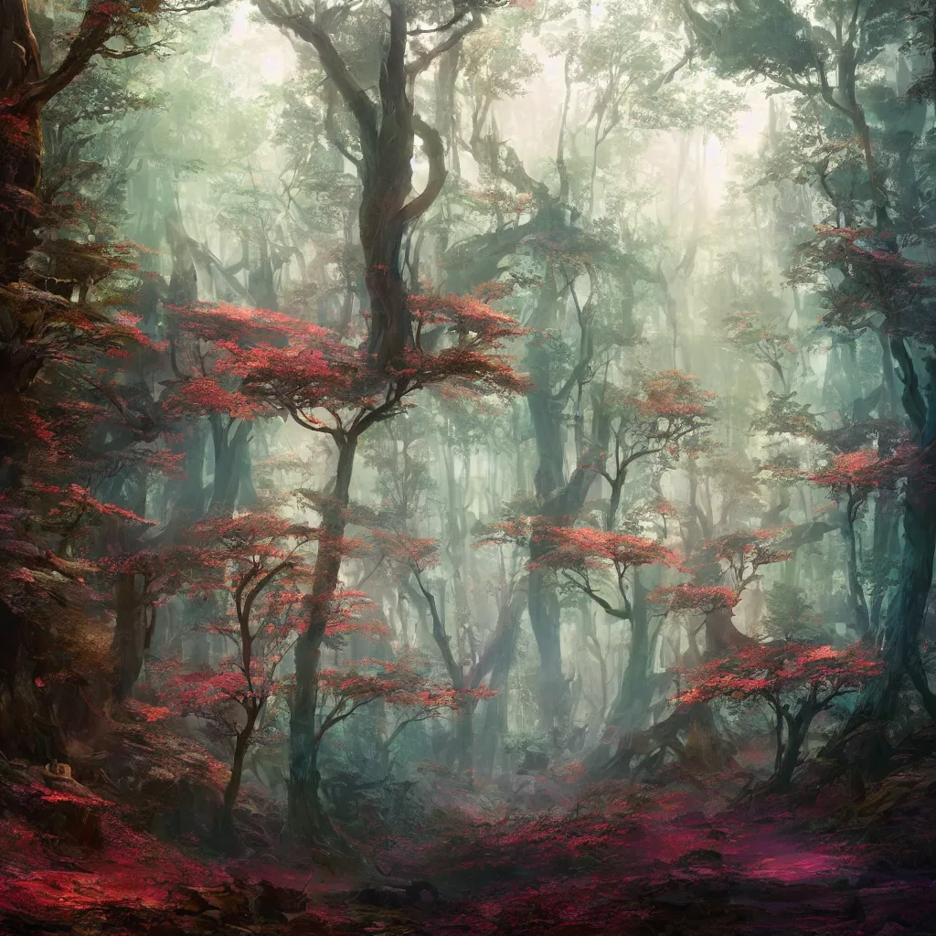 Image similar to A beautiful and colourful forest by Greg Rutkowski, Sung Choi, Mitchell Mohrhauser, Maciej Kuciara, Johnson Ting, Maxim Verehin, Peter Konig, final fantasy , 8k photorealistic, cinematic lighting, HD, high details, atmospheric,