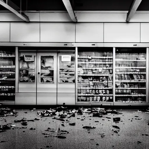 Prompt: a ransacked grocery store, broken signs, filthy flooring. Vines growing. Jpeg artifacts. Award-winning photo. Sigma 40mm f/1.4 DG HSM