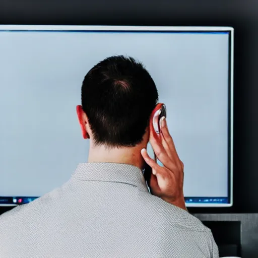 Image similar to photo of man looking at his computer screen, on his computer screen there is an image of a crying laughing emoji