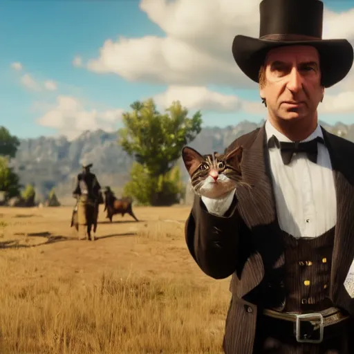 Prompt: Film still of Saul Goodman wearing a cat maid outfit, from Red Dead Redemption 2 (2018 video game), trending on artstation, artstationHD, artstationHQ