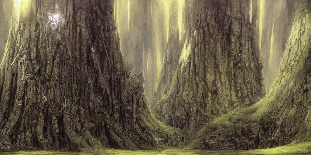 Image similar to artwork by john howe of a forest of abyss elders