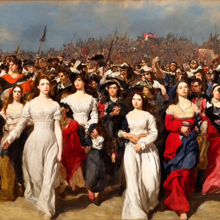 Prompt: Kate Dennings in liberty leading the people as the main woman by Eugène Delacroix, masterpiece 4k digital, highly detailed, trending on artstation, award winning