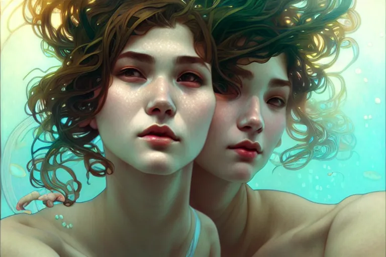 Image similar to beautiful underwater portrait, highly detailed, digital painting, artstation, sharp focus, illustration, art by tan zi and ayanamikodon and alphonse mucha and wlop