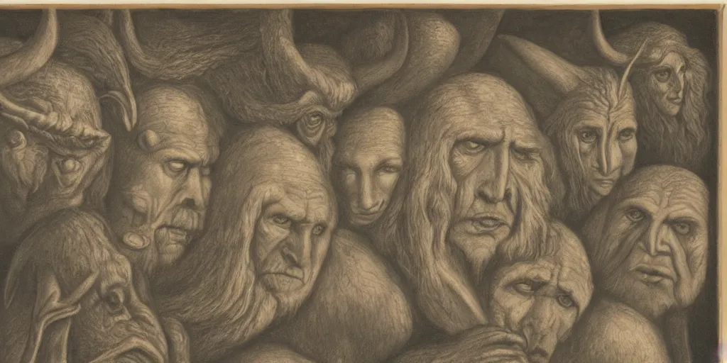 Image similar to portrait mezzotint of a group of mythical monsters and beasts in a squishy style