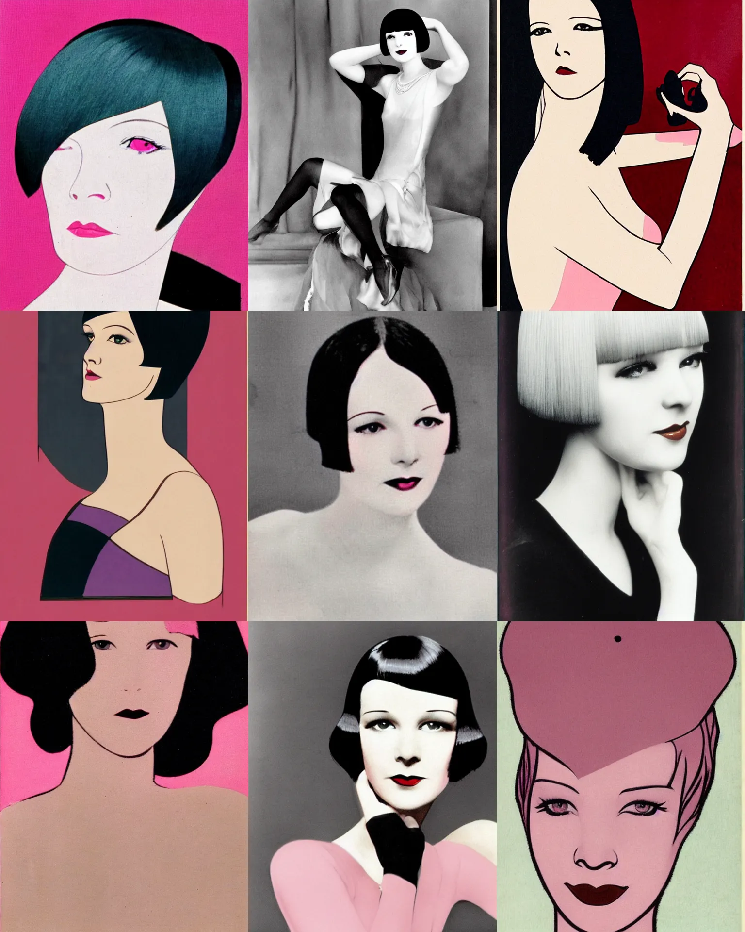 Prompt: Mary Louise Brooks 25 years old, bob haircut, looking to the left, pink hair, portrait by Patrick Nagel, 1920s,