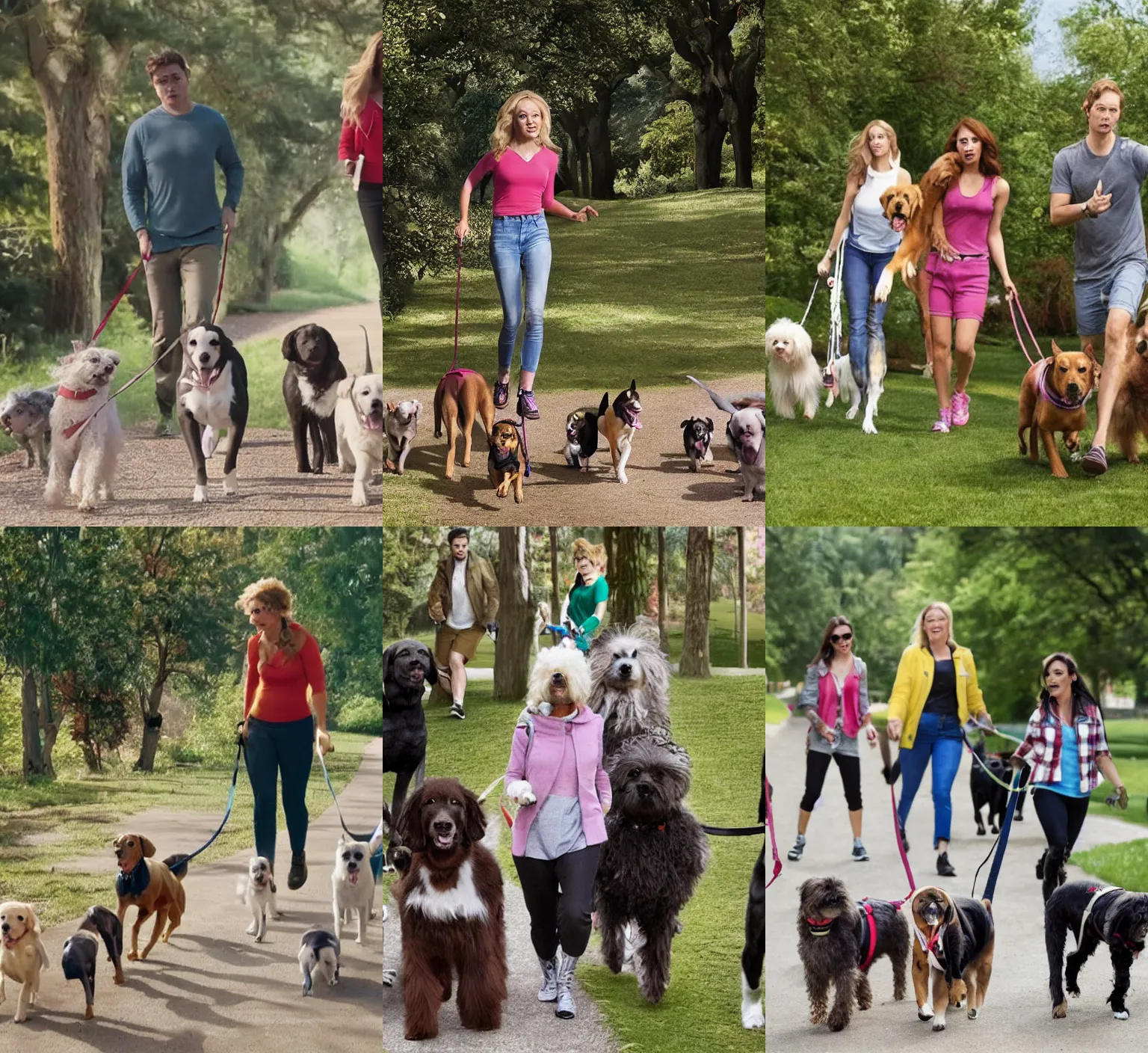 Prompt: dogwalking every dog, still from a disney channel comedy, 2 0 1 5 cinematography