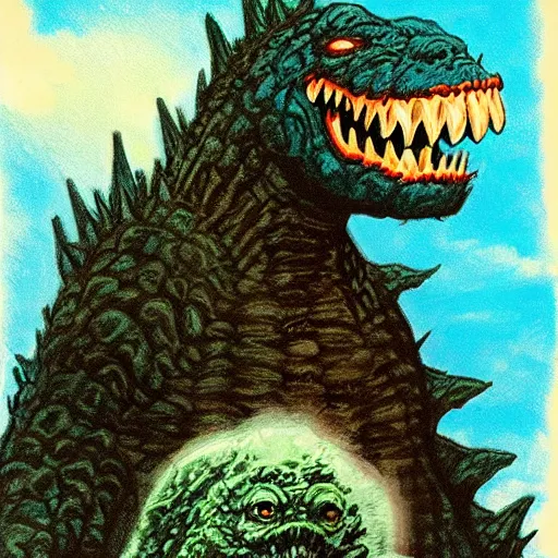 Prompt: basil gogos illustration of godzilla