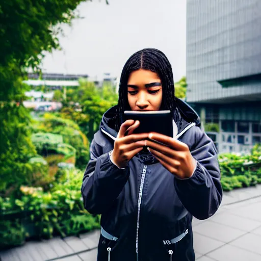 Image similar to candid photographic portrait of a poor techwear mixed young woman using a phone inside a dystopian city, closeup, beautiful garden terraces in the background, sigma 85mm f/1.4, 4k, depth of field, high resolution, 4k, 8k, hd, full color