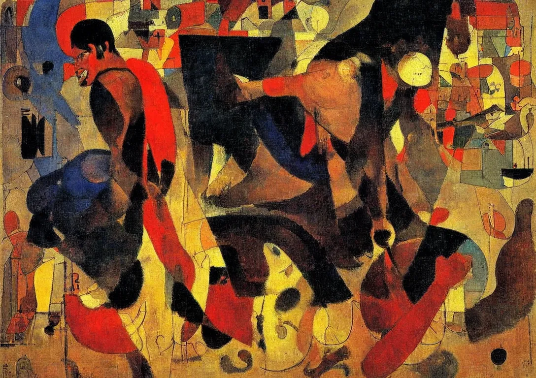 Image similar to a multiracial greek god following a watchful light through the streets of a city, saturated color scheme, sparse detail, by george luks, joan miro and moebius