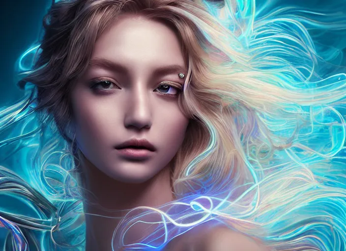 Prompt: an elegant goddess with luminous hair, flowing lightpainting swirling around her, highly detailed, ultrafine hyperrealistic detailed face, photorealistic, neon rim lighting, reflections, smooth, sharp focus, ultrawide, final fantasy, art by irakli nadar and lindsay adler and dani olivier and michael bosanko
