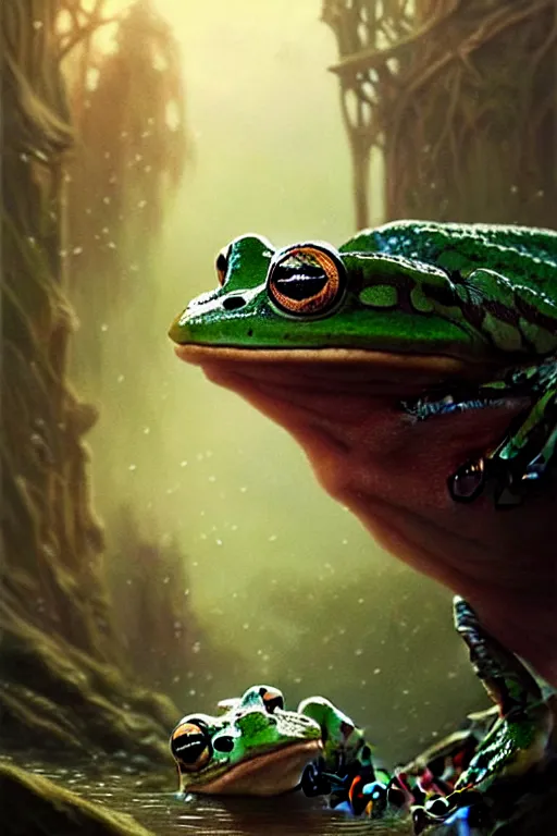 Image similar to a very happy frog, fine art, awesome fantasy book cover on Pinterest, award winning, dark fantasy landscape, fantasy magic, intricate, elegant, sharp focus, cinematic lighting, highly detailed, digital painting, concept art, art by WLOP and Artgerm and Greg Rutkowski, masterpiece, trending on artstation, 8K